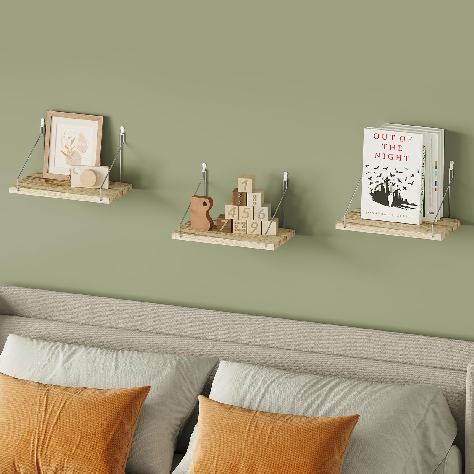 Fixwal Floating Shelves, 3pcs Middle Size Solid Wood Shelf, Renter Friendly No Drilling Wall