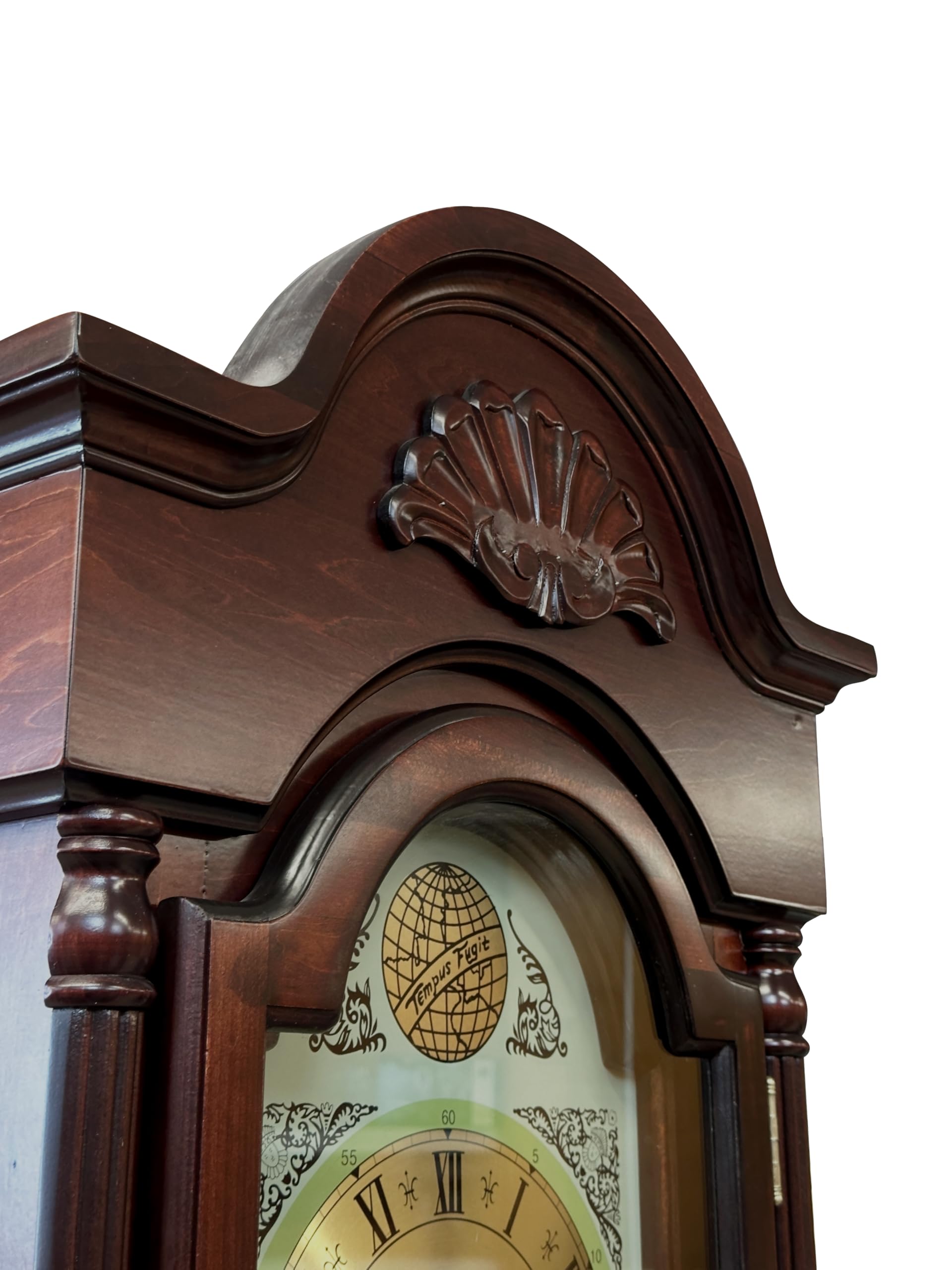 Orologio a Pendolo Gran Salone Con Movimento Westminster | Legno Stile Classico Mogano, Porte In Vetro, Parti Metalliche in Ottone Dorato | Suono A Rintocchi Ogni 60 Minuti | L.55 x P.25 x H.197 cm
