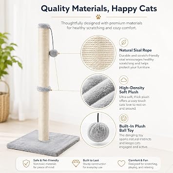 Dimaka 86 cm Tall Ultimate Cat Scratching Post, Claw Scratcher with Sisal Rope and Covered with Soft Smooth Plush, Vertical Scratch [Full Stretch], Modern Stable Design for Cats(Grey V2)…