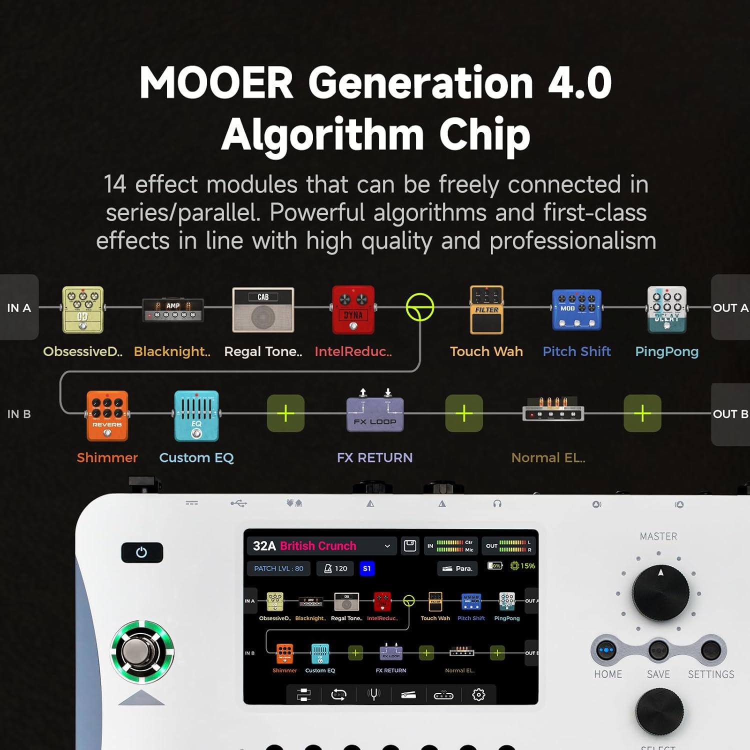 MOOER GE1000 White Guitar Mutieffects Pedal Dual Effects Chains Processor with AI Equalization, 5″ Touch Screen, 300+ Effects, Third-brand IRs, Stereo Sound Out Put, XLR, MIDI Port, Guitar/Bass