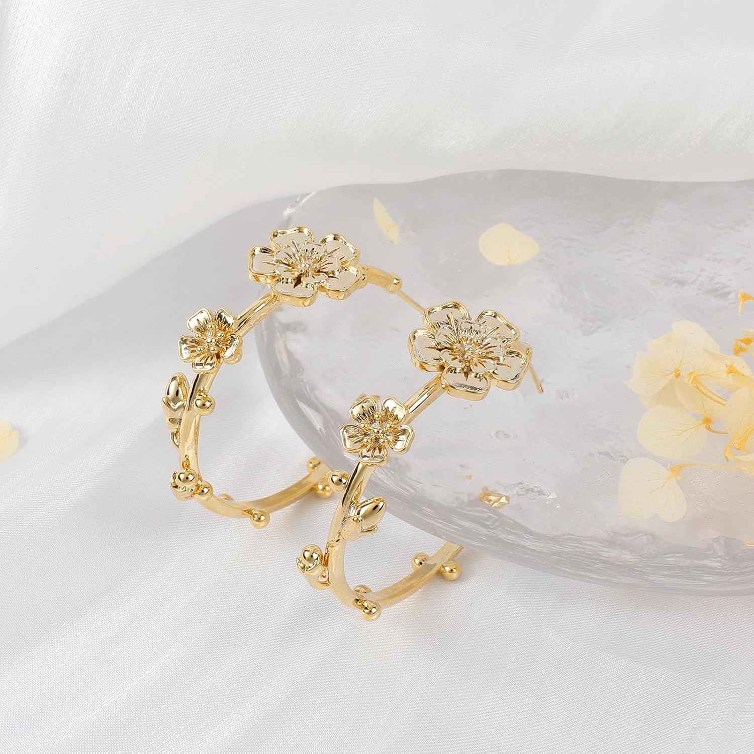 Gold Flower Hoop Earrings for Women 14K Gold Plated Flower Round Hoop Earrings Dangle Floral Statement Earrings Blossom Hoop Earrings Trendy Spring Summer Beach Party Fashion Jewelry Gift for Women - Image 5