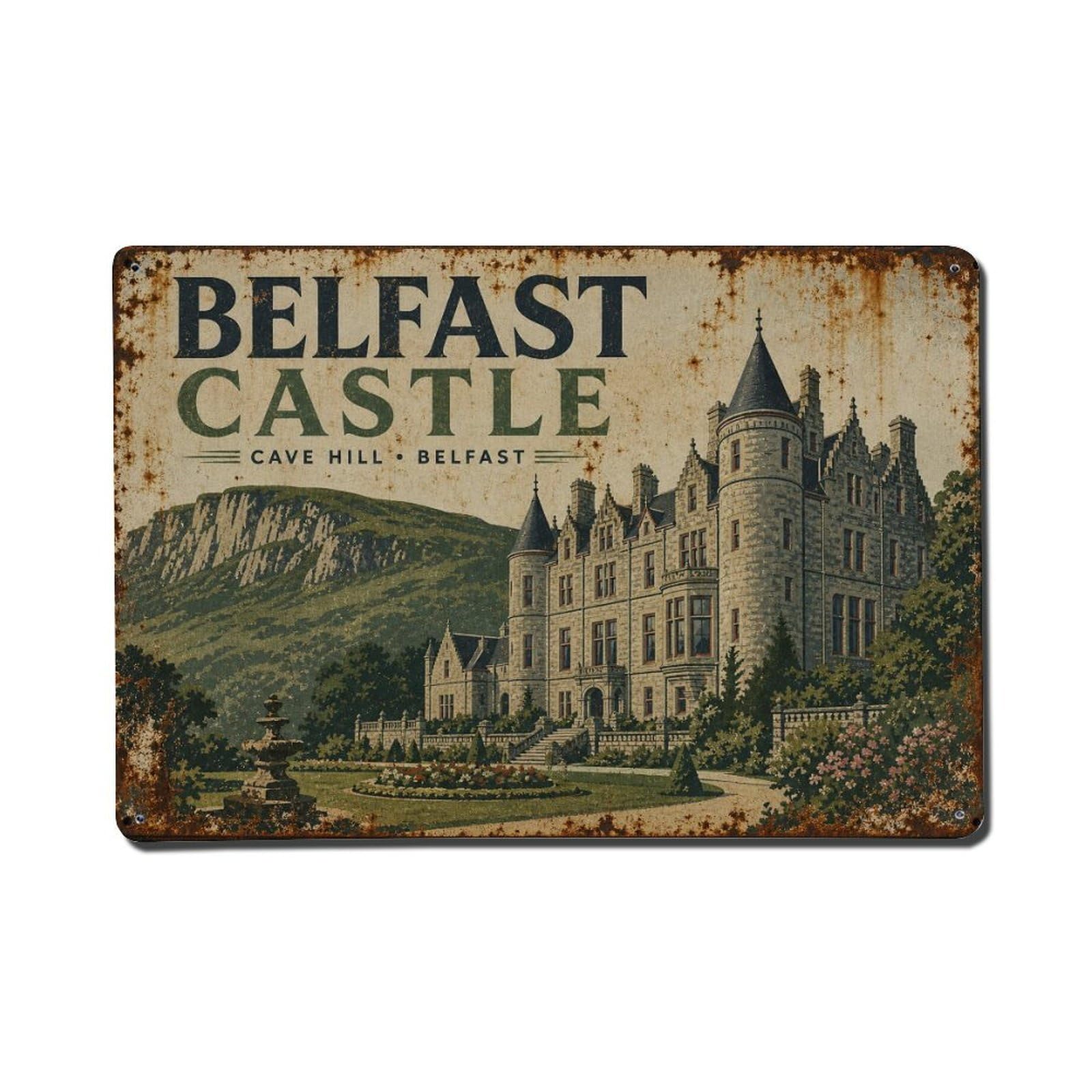 Fyrn Style Metal Tin Sign Vintage Travel Belfast Castle Ireland Historic Estate