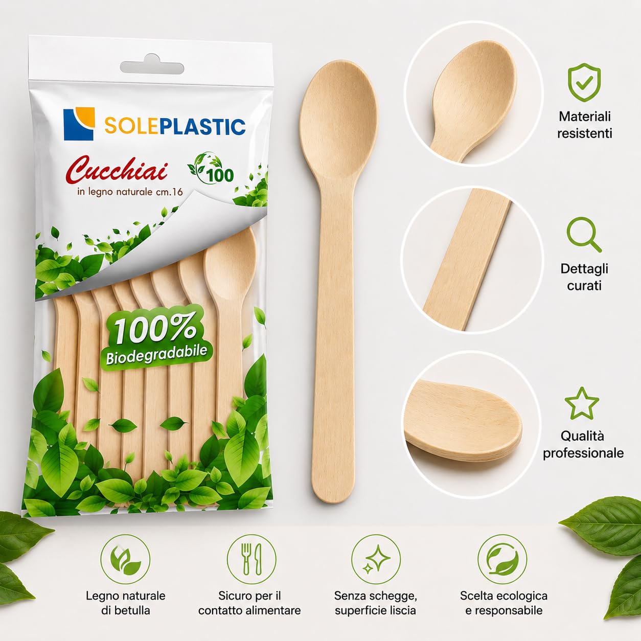 Cucchiaio Legno di Betulla 16 cm - Posate Bio Compostabili Biodegradabili per Asporto Catering