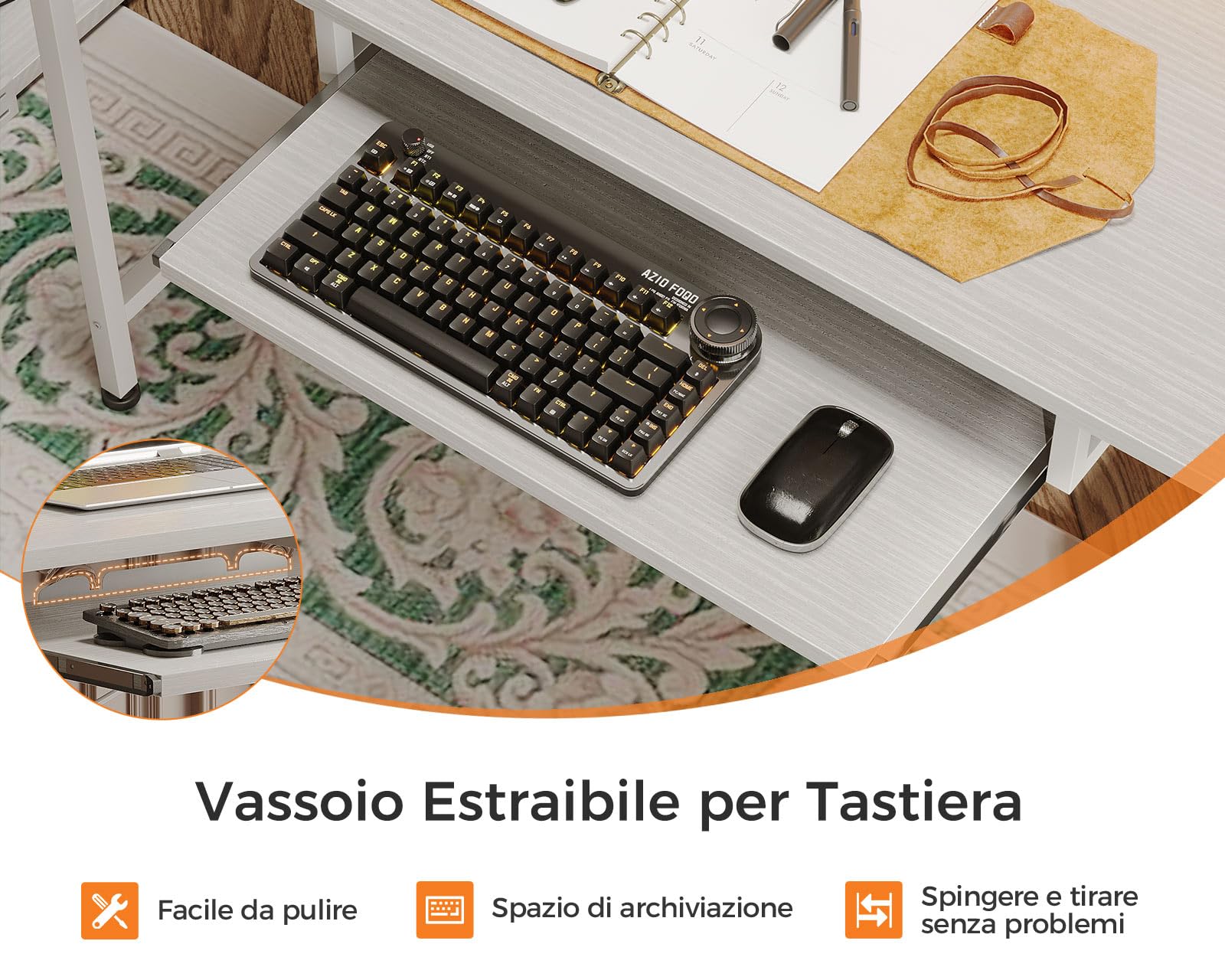 Coleshome Scrivania Gaming con LED e Prese, 140x48cm Scrivania con 2 Cassetti, Tavolo Computer Reversibile con Supporto Monitor e Vassoio per Tastiera Ufficio Casa,Bianco