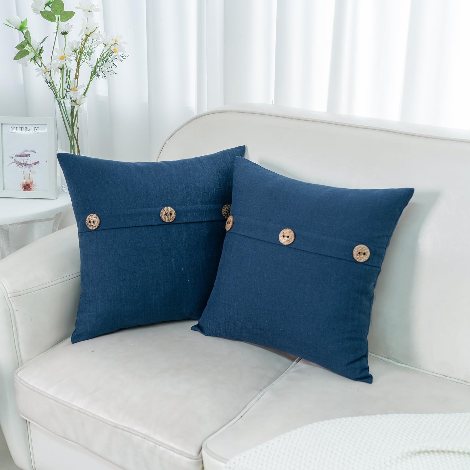 HWY 50 Navy Blue Luxury Faux Linen Cushion Covers 55x55 cm Pack of 2 With Triple Buttons, Rustic Cosy Decorative Throw Pillow Covers for Sofa Couch Bed Living Room