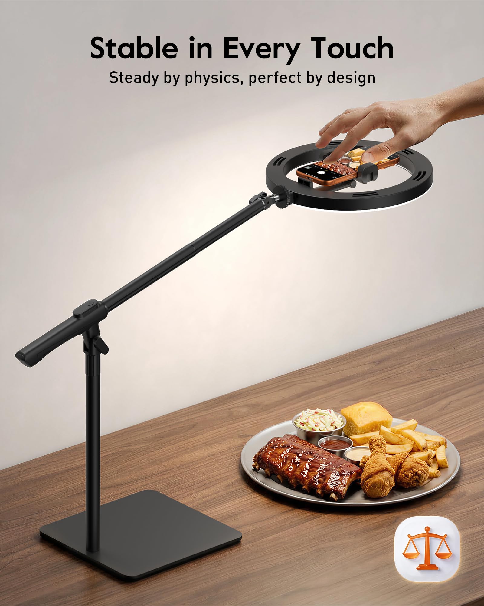 LUXSURE Overhead Treppiede cellulare con luce ad anello per cucina e video alimentari, supporto da tavolo con luce ad anello, anello Light con treppiede per tavolo | anello luce ad anello per cucina e