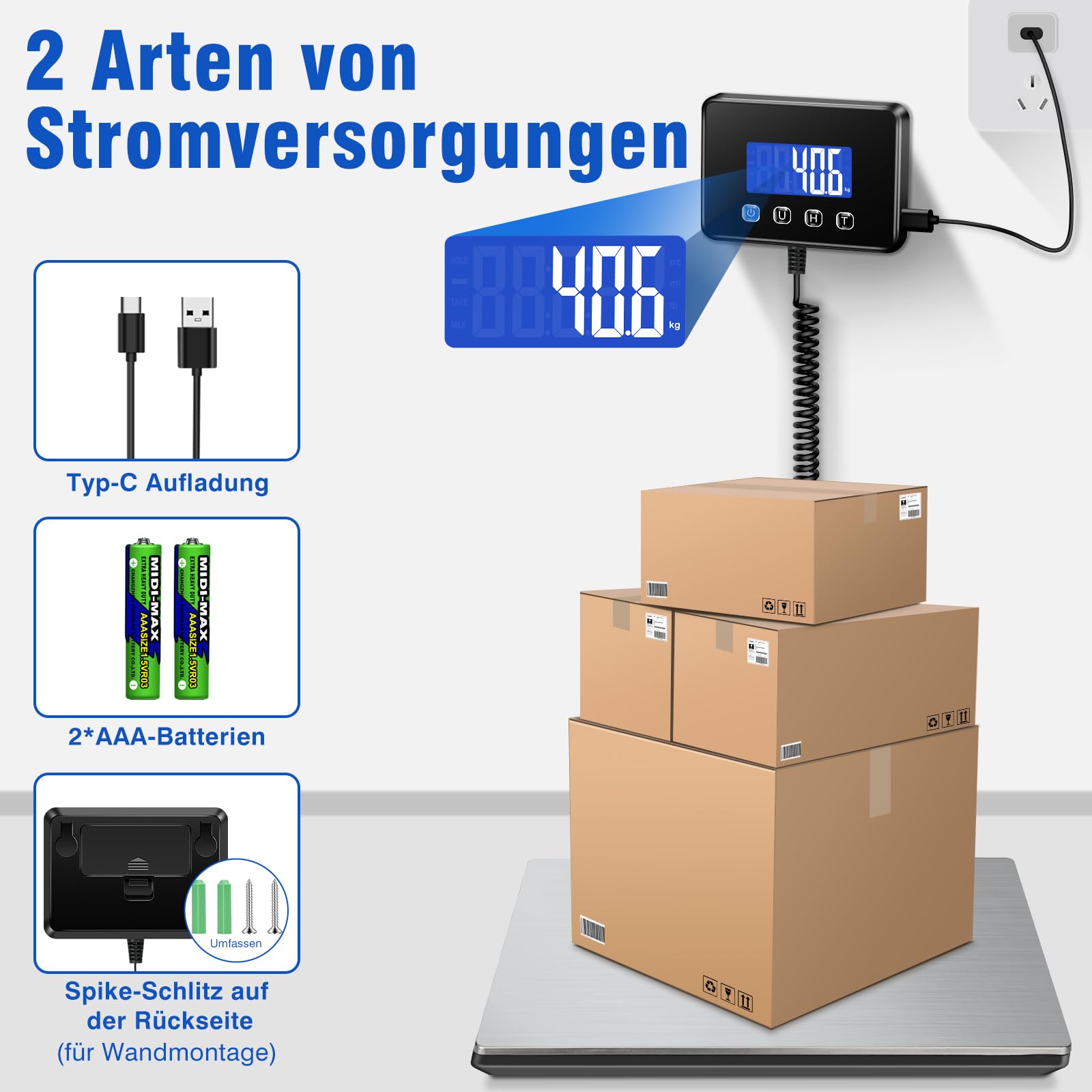 Paketwaage 300kg Plattformwaage 20g Genauigkeit LCD Hold Tara Funktion Batterien Typ-C