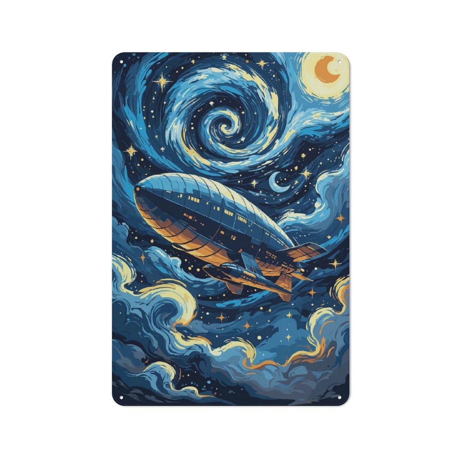 Junmoney Style-9 Vintage Tin Sign 30X20cm With Airship In Starry Night Sky For Man Cave Or Games Room, For Winter Room Styling In Man Cave And Games Room