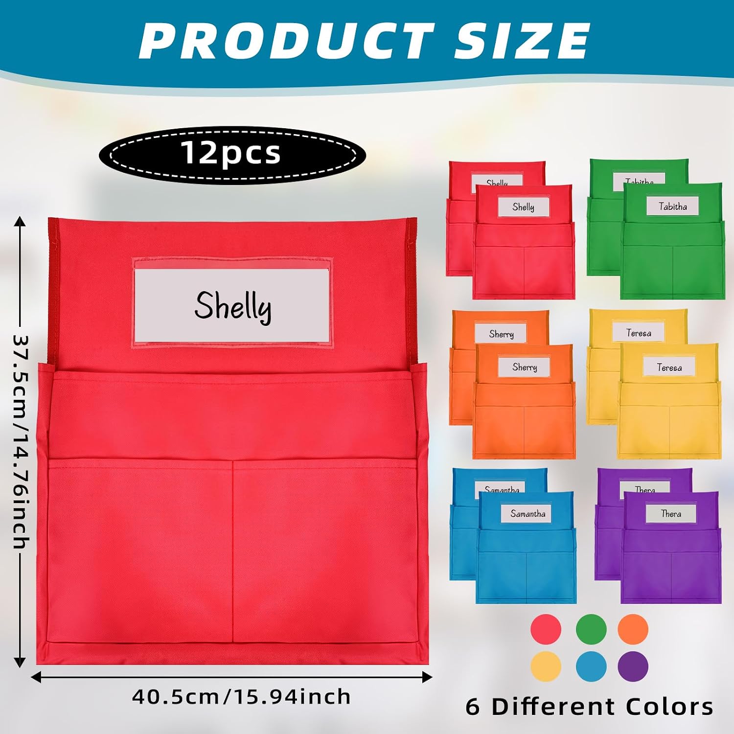 12 Pcs Classroom Chair Pockets, 15.9 x14.8 inch Chair Pockets for Classroom, 6 Bright Color Seat Sacks for Classroom Chairs, Buddy Pocket, Chart Seat Back Organizer with Name Tag