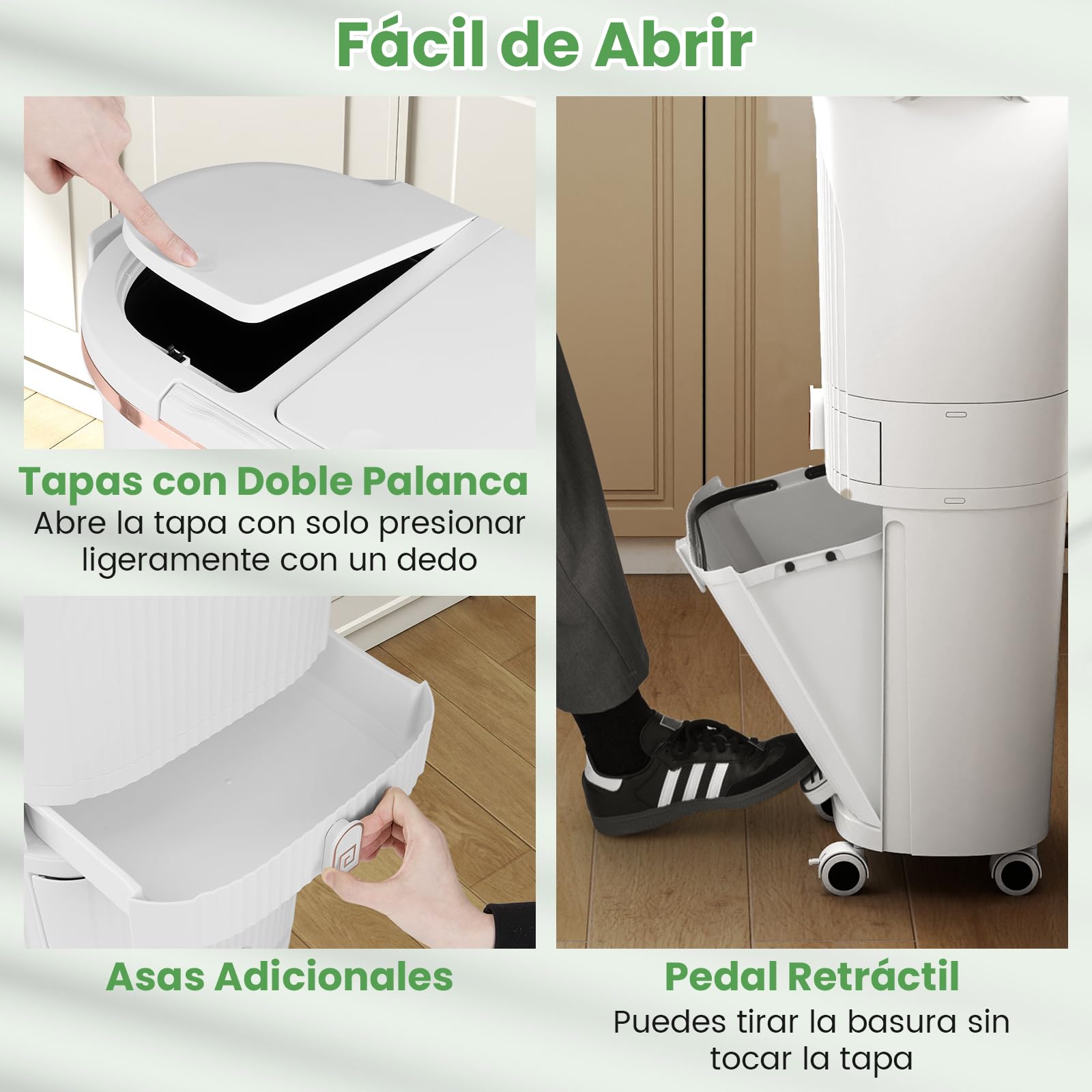GIANTEX Cubo de Basura de Cocina 42 L, Papelera de Reciclaje Vertical con Ruedas, 3 Cubos Extraíbles, 1 Cajón y Ganchos, Contenedor de PP con Tapas y Pedal, para Oficina, Baño (Blanco)