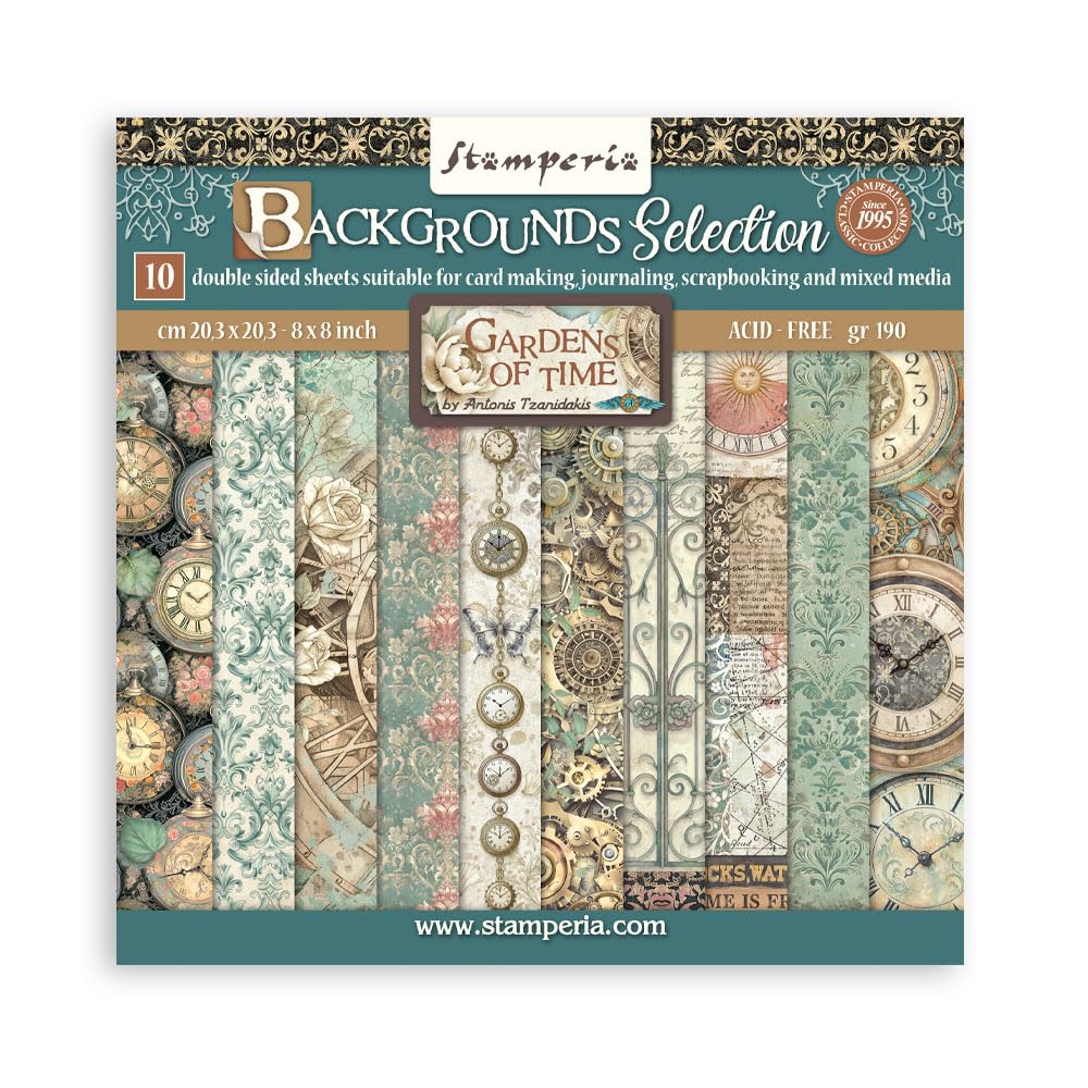 Stamperia - Scrapbook Paper Pad for Scrapbooks, Albums, Cards, Bullet Journals and More, Acid Free, Double-Sided, Perfect for Crafts and Gifting (Gardens of Time Background Selection) (20.3 x 20.3cm)