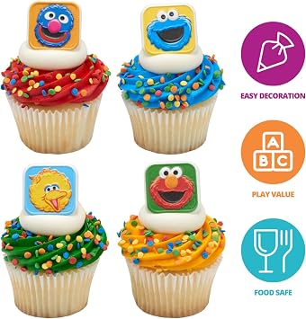 Sesame Street Rings, 24 Cupcake Toppers Featuring Elmo, Big Bird, Cookie Monster, Grover, Bright Colorful Cupcake Decorations, Food Safe - 24 Pack