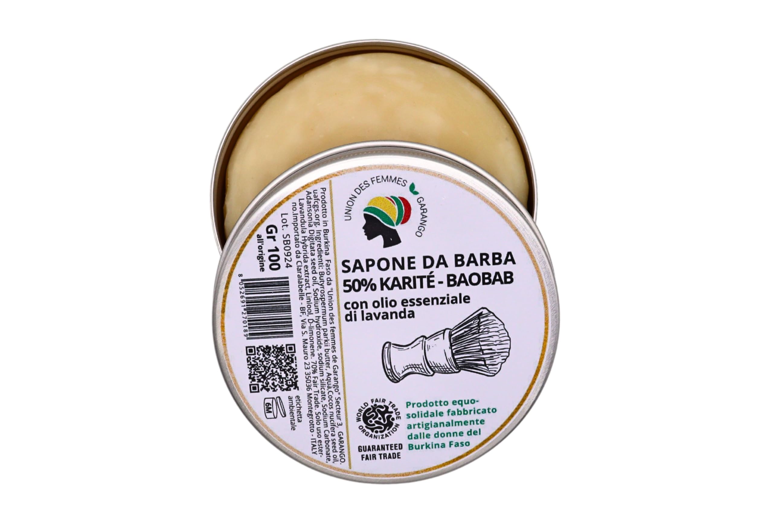 Sapone da barba 50% karité e baobab, con olio essenziale di lavanda (100 gr). Prodotto artigianale ottenuto da impasto a freddo. Cremoso e idratante. Tagliato a mano.