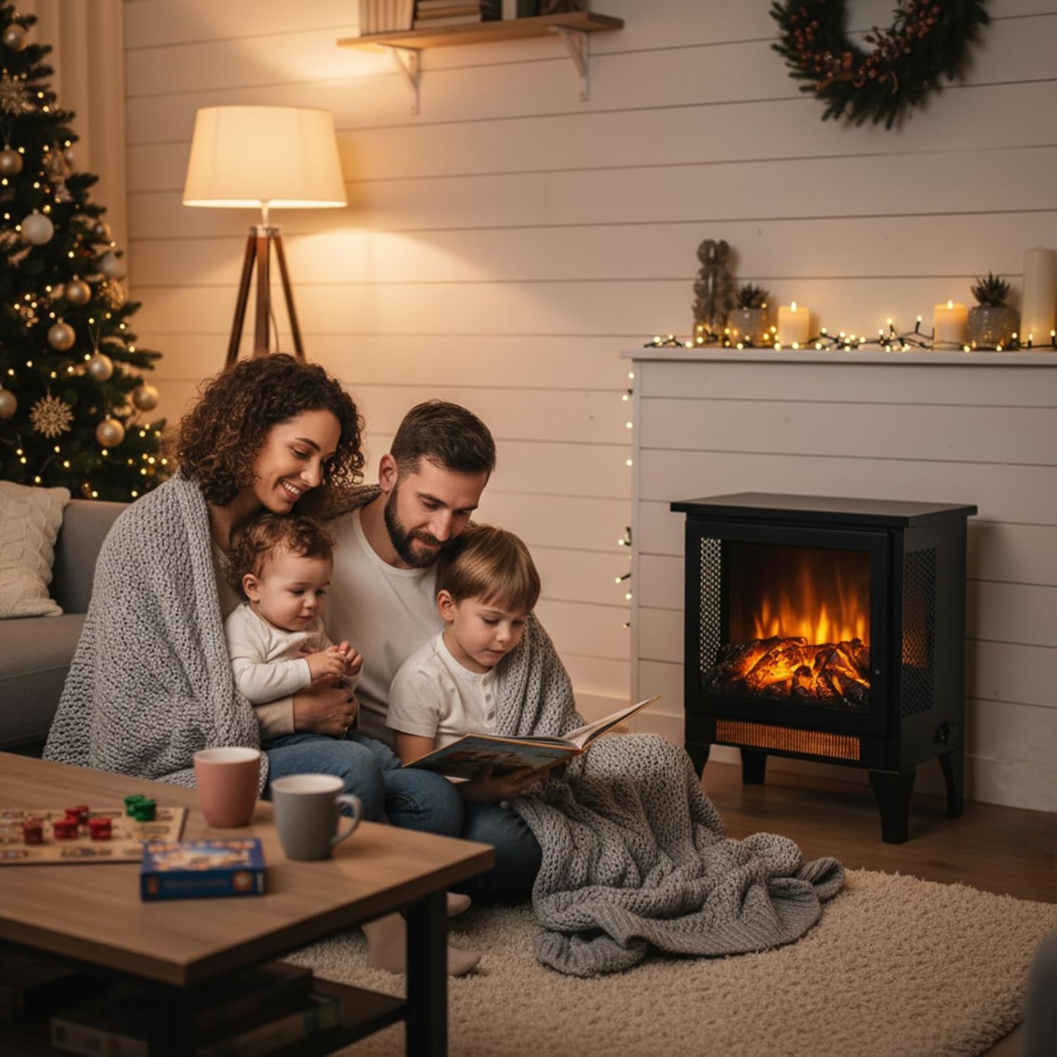 Electric Fireplace Stoves 15” Freestanding Fireplace Heater Realistic 3D Flame 1400W Warm for Your Living Room,Bedroom or Office Black