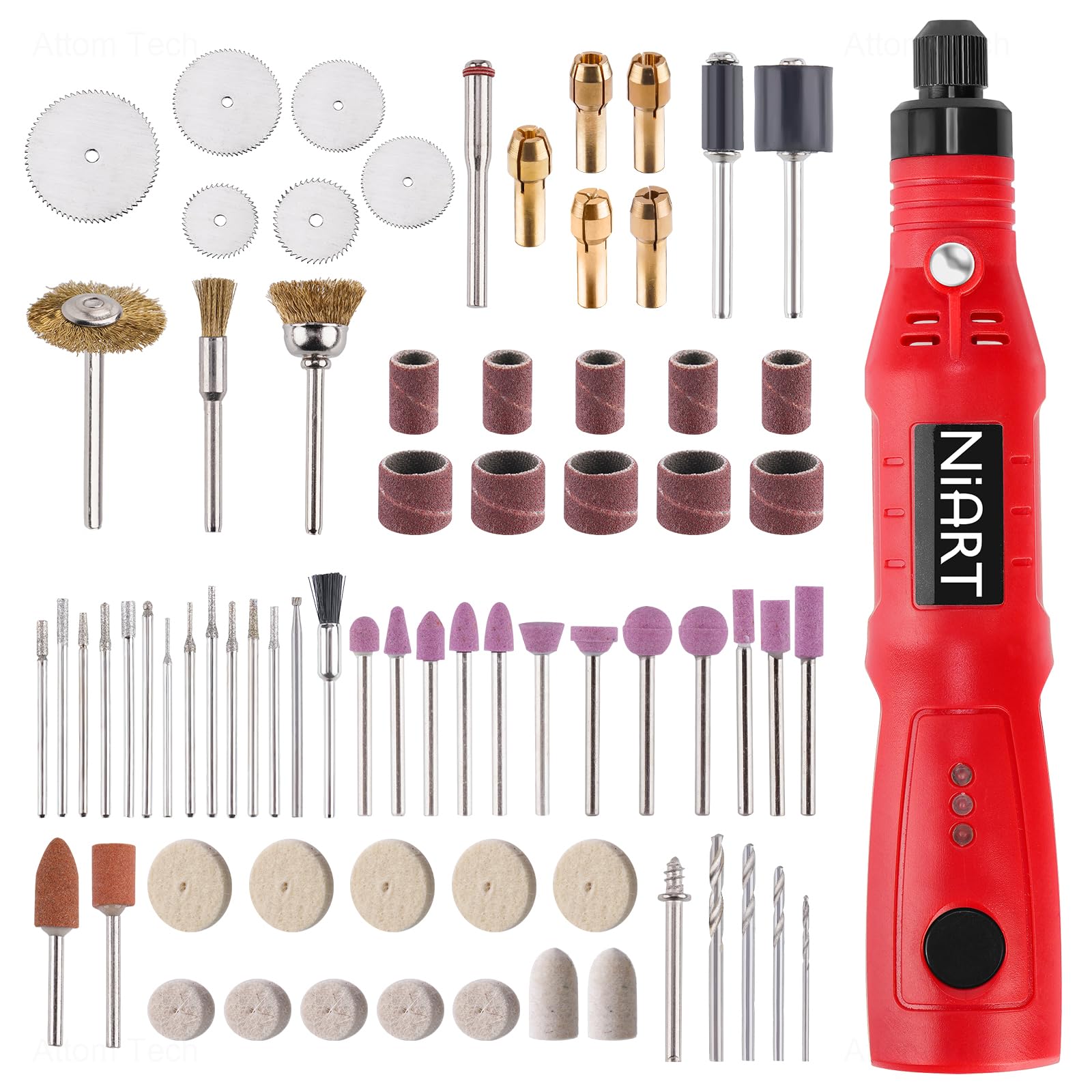 NiArt Mini Cordless Rotary Tool, 3-Speed and USB Charging Rotary Tool Kit with 72 Accessories, Multi-Purpose 3.7V Power Rotary Tool for Sanding Polishing Drilling Etching Engraving DIY Crafts (Red)