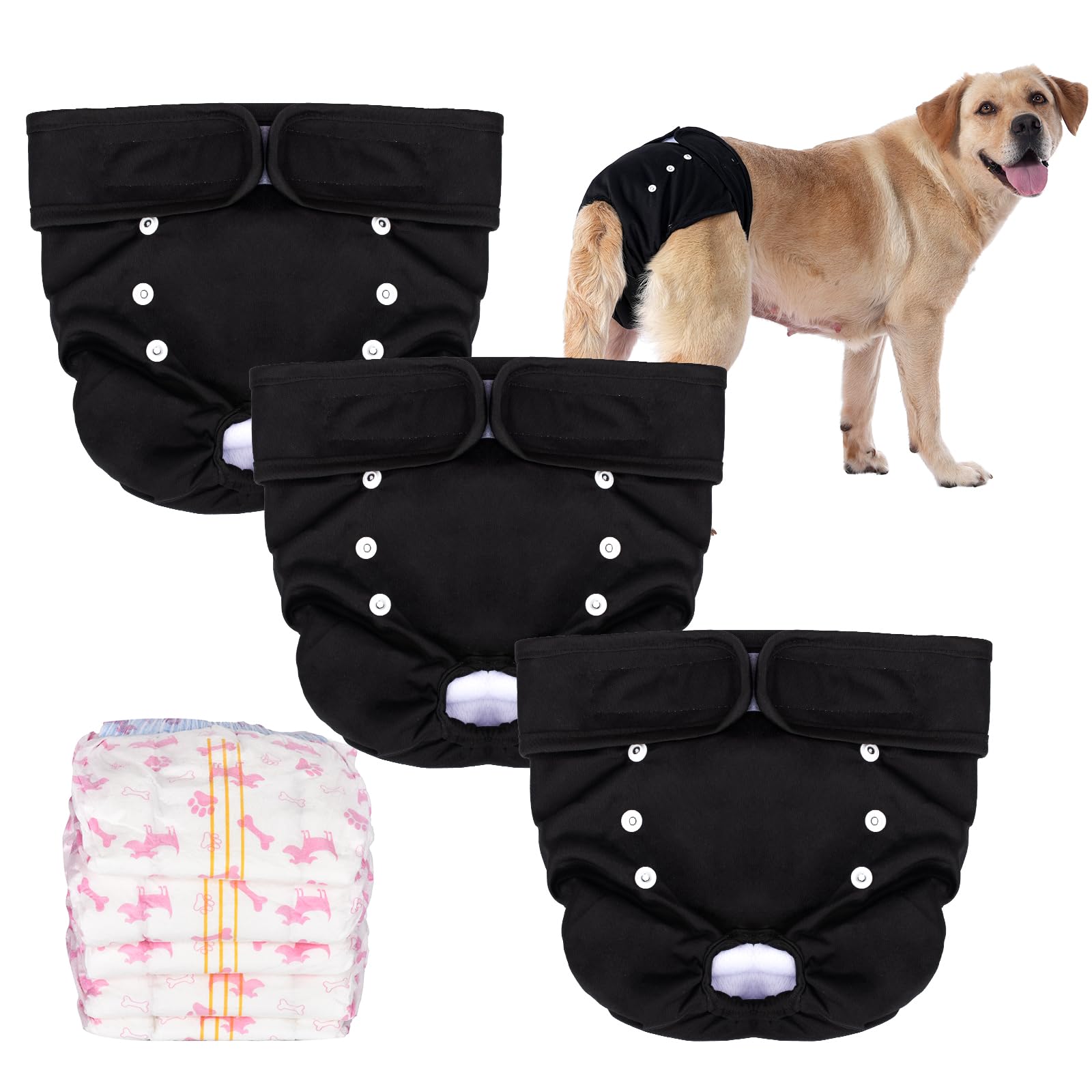 HezzLuv Pañales Reutilizables para Perros Hembra, Paquete de 3 Lavables Pañales Perro Hembra, Bragas Perras Menstruales Altamente Absorbentes, con 5 Pañales Desechables, Negro, Tallas S/M/L