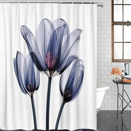 Cortina de ducha, fotografía abstracta de tulipanes de flores azules transparentes, juego de cortina de ducha de tela impermeable con 12 ganchos,
