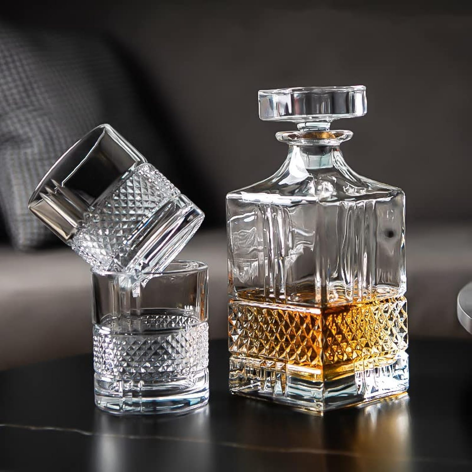 Jaffiust Whiskey Decanter Set with 2 Old Fashioned Whisky Glasses for Liquor Scotch Bourbon or Wine - Irish Cut