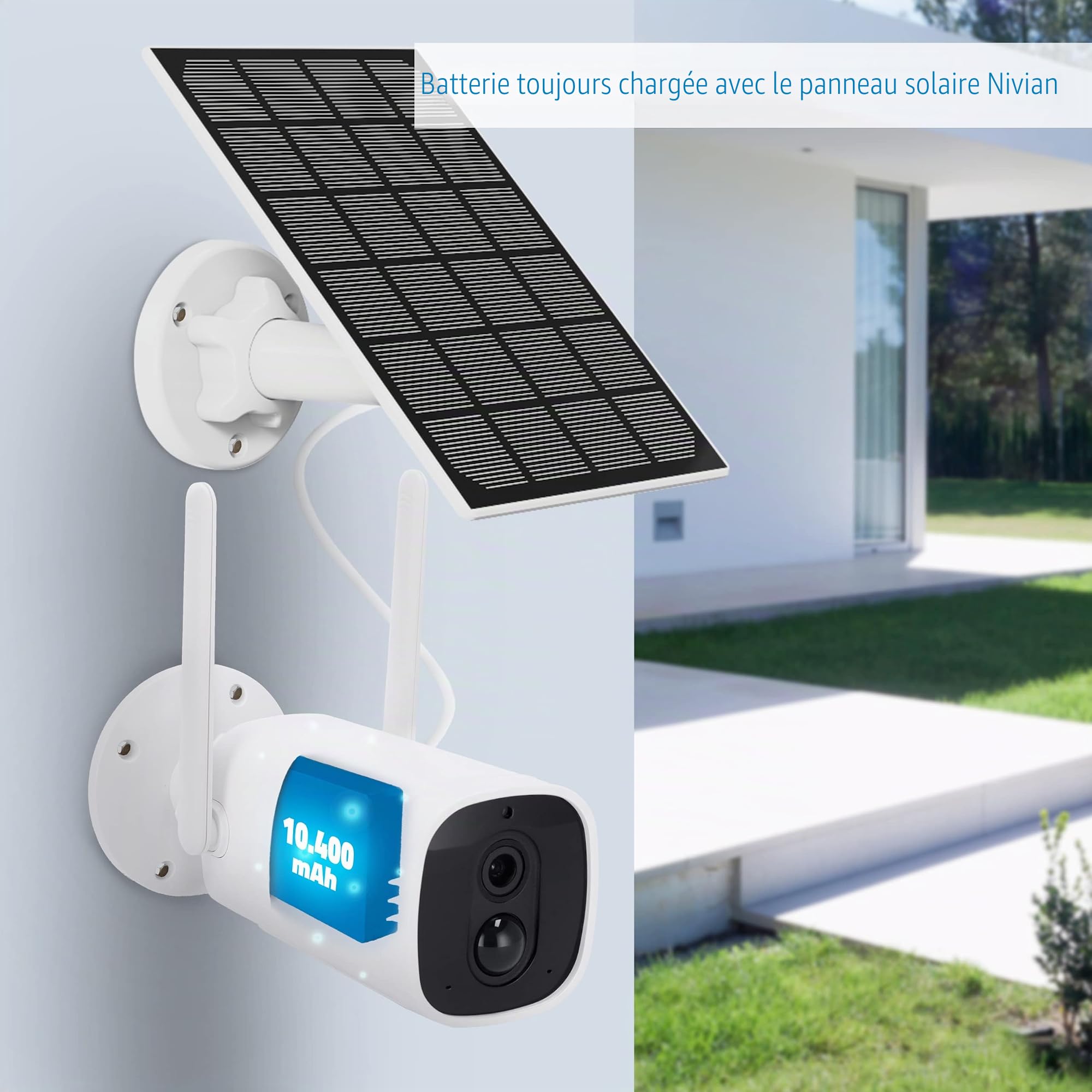 NIVIAN-Caméra de Surveillance WiFi+Panneau Solaire-Batterie Longue durée 10400mAh-FullHD-Détection de Mouvement et Humaine-Extérieur-Vision Nocturne-Audio bidirectionnel