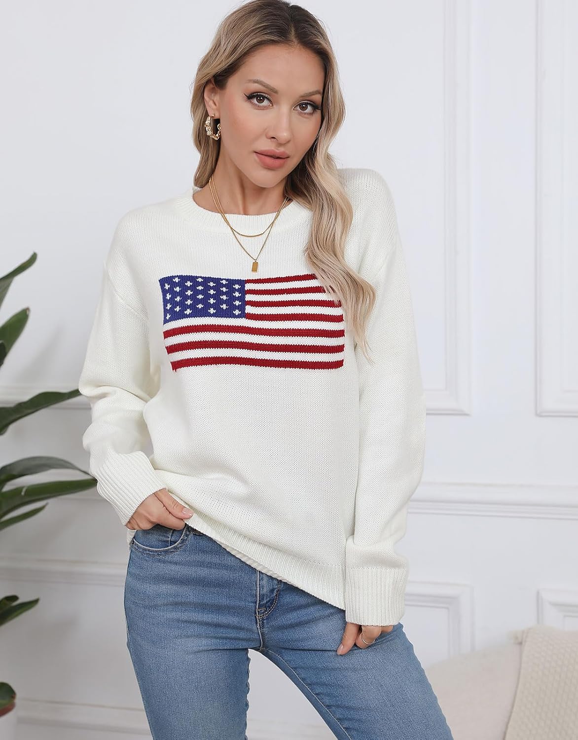 Womens American Flag Sweater Long Sleeve Crew Neck Knitted Casual Pullover Sweater - Image 5