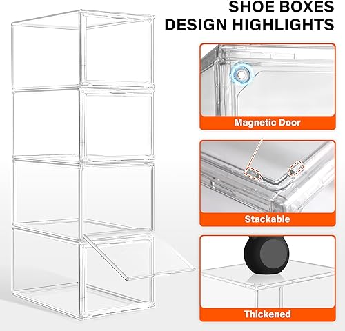 Miniatura 5 de Paquete de 4 organizadores transparentes de almacenamiento de zapatos con puerta magnética, cajas apilables para zapatos deportivos, plegable,