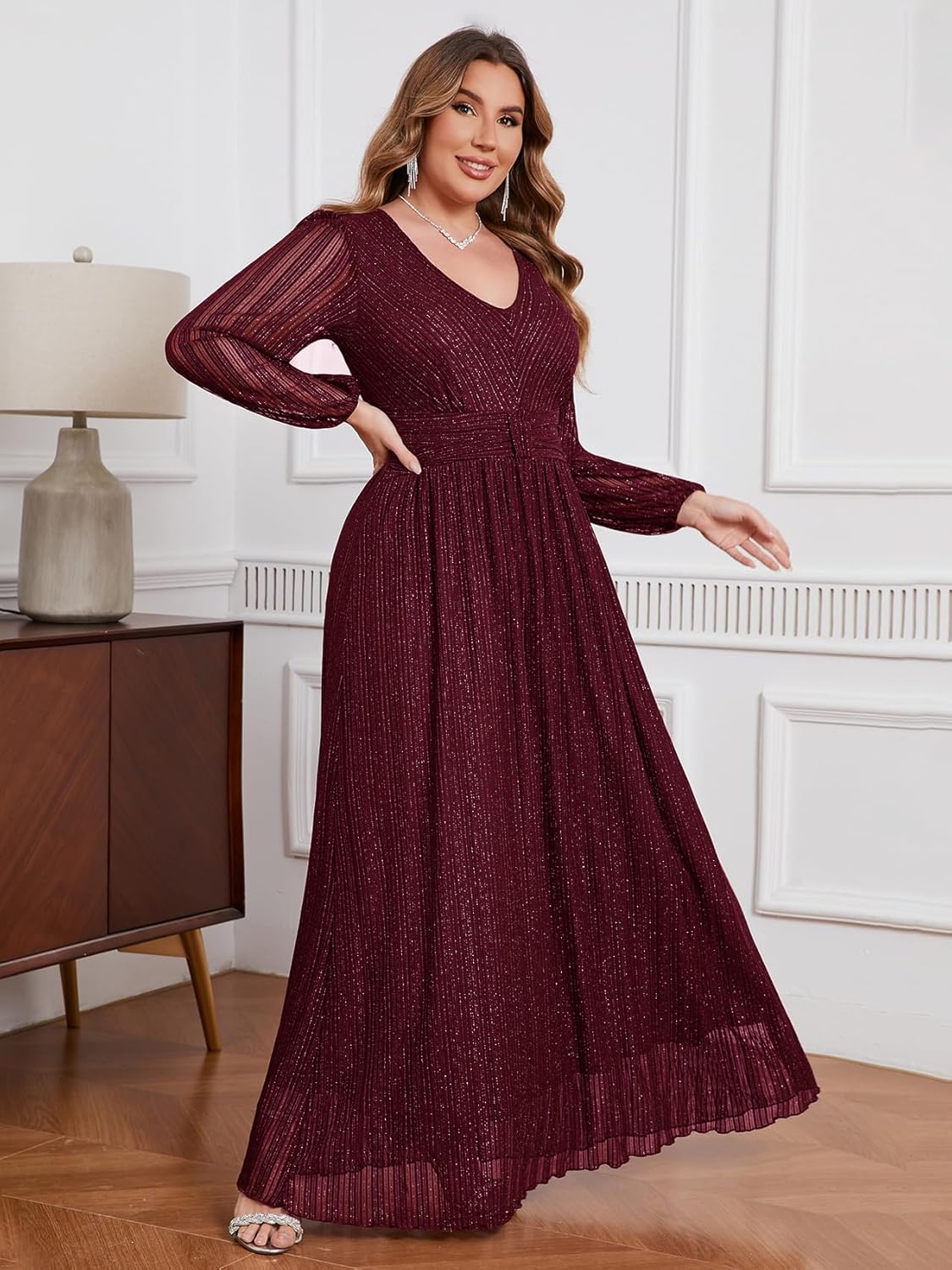 CYCLAMEN Plus Size Sparkly Formal Dress Lace Maxi V Neck Cocktail Evening Gown Wedding Guest - Image 2