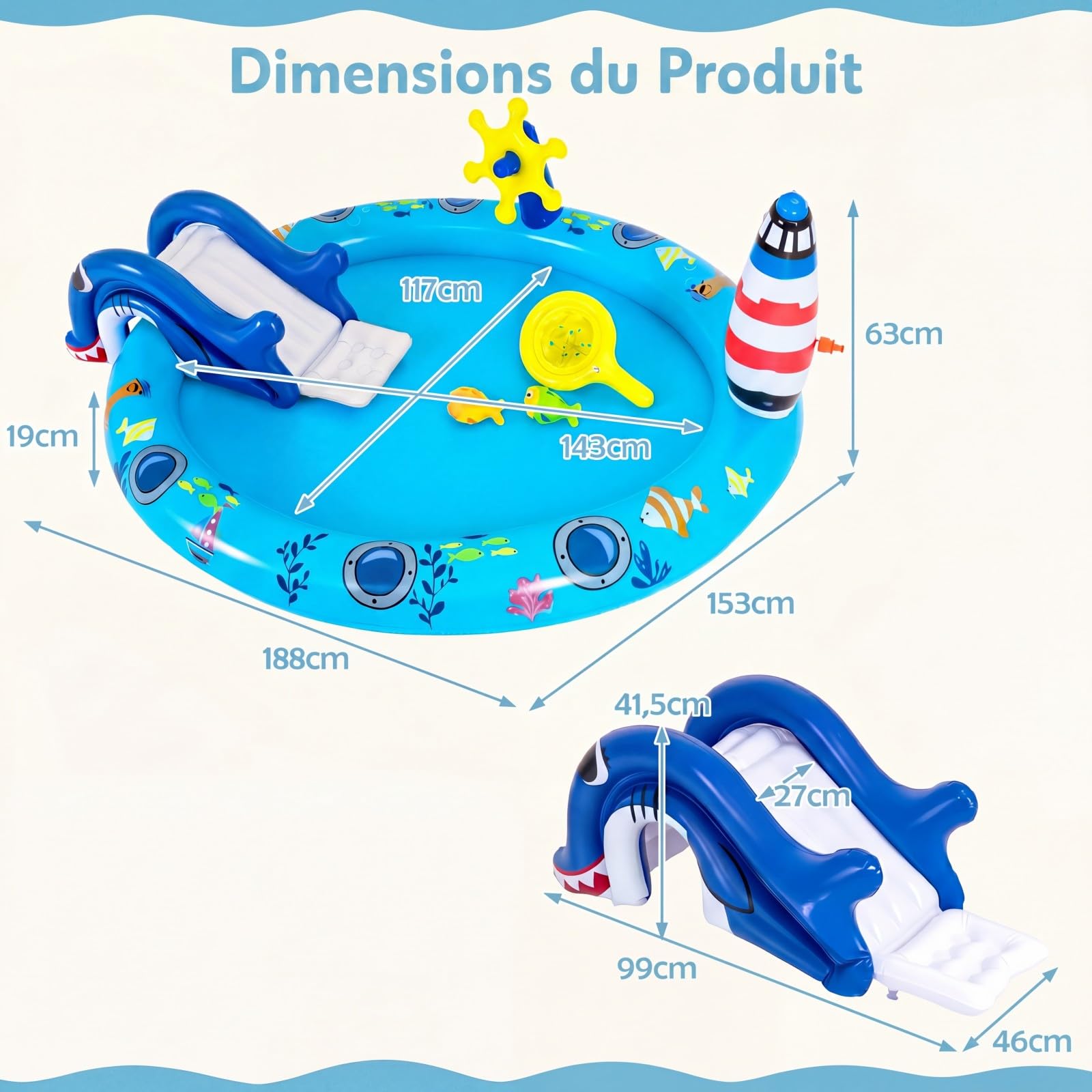 SOARS Piscina Gonfiabile Bambini, Parco Giochi Acquatico a Tema Marino con Scivolo, Irrigatore, Timone, 2 Pesci Giocattolo, Retino e 2 Toppe di Riparazione per Bambini 2-6 Anni, 188 X 153 X 63 CM