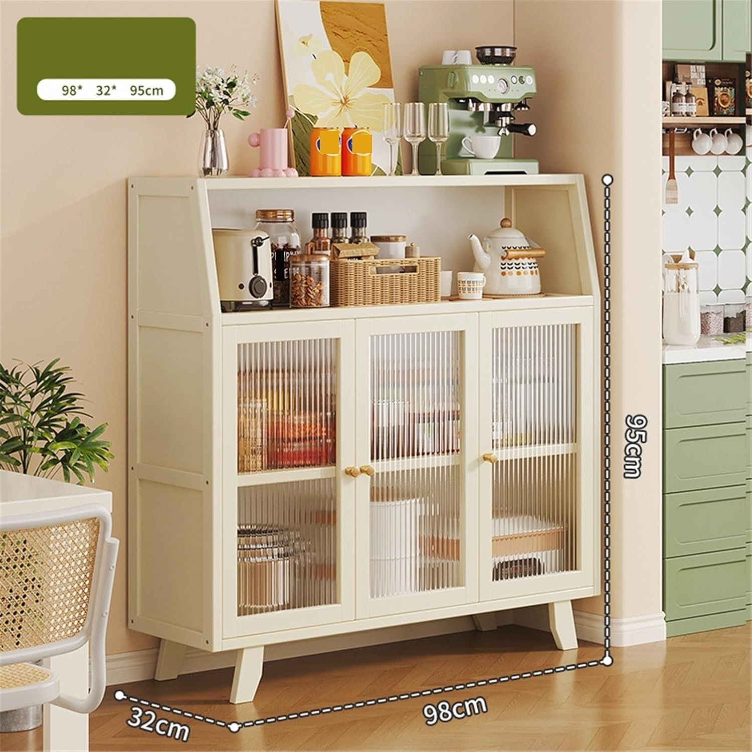 Sideboard Cabinet Three-Door Glass Sideboard for Kitchen and Living Room Floor-Standing with Storage Compartments Console Coffee Table