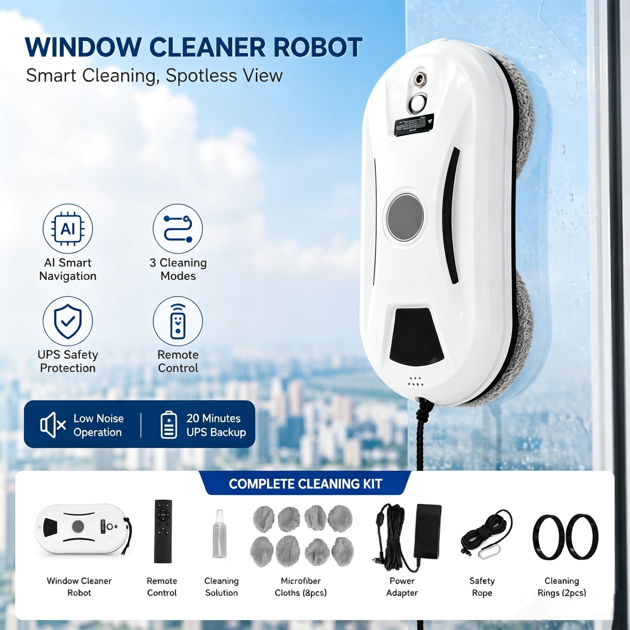 TeamSky Robot pulitore di finestre Potente Aspirazione Intelligente Robot Pulitore di Vetro Robot Telecomando Automatico Lavavetri Casa Ufficio
