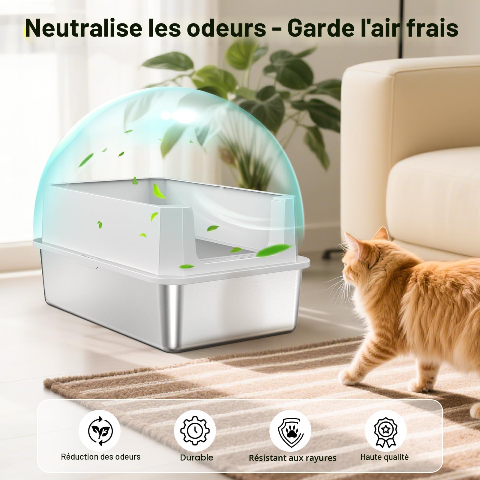 MIXJOY Bac à Litière Chat en INOX XL, Bac Litiere pour Chat 28L Grande Capacité Anti-Fuite à Bords Hauts, Design Ouvert Facile à Nettoyer avec Pelle Incluse, 56.5x36.5x25.5cm