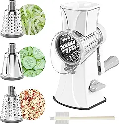 Fatiador Rotativo Manual Profissional, Cortador de Vegetais Multiuso, Ralador de Queijo Rotativo com Manivela, Cortador de Legumes Multiuso com 3 Lâminas de Aço Inoxidável e Base Antiderrapante