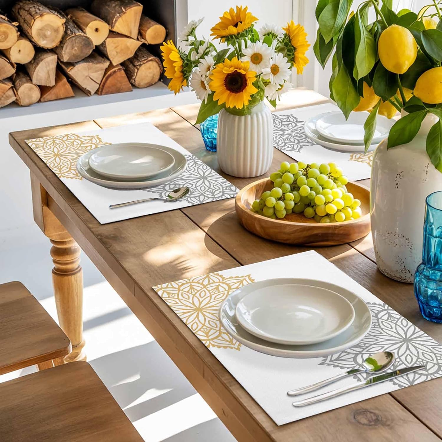 Placemats for Dining Table Set of 4, Dahlia Flowers Cotton Linen Table Mat for Wedding/Banquet/Baby Shower/Party, Waterproof Cloth Place Mat 13''x19'', Yellow and Grey