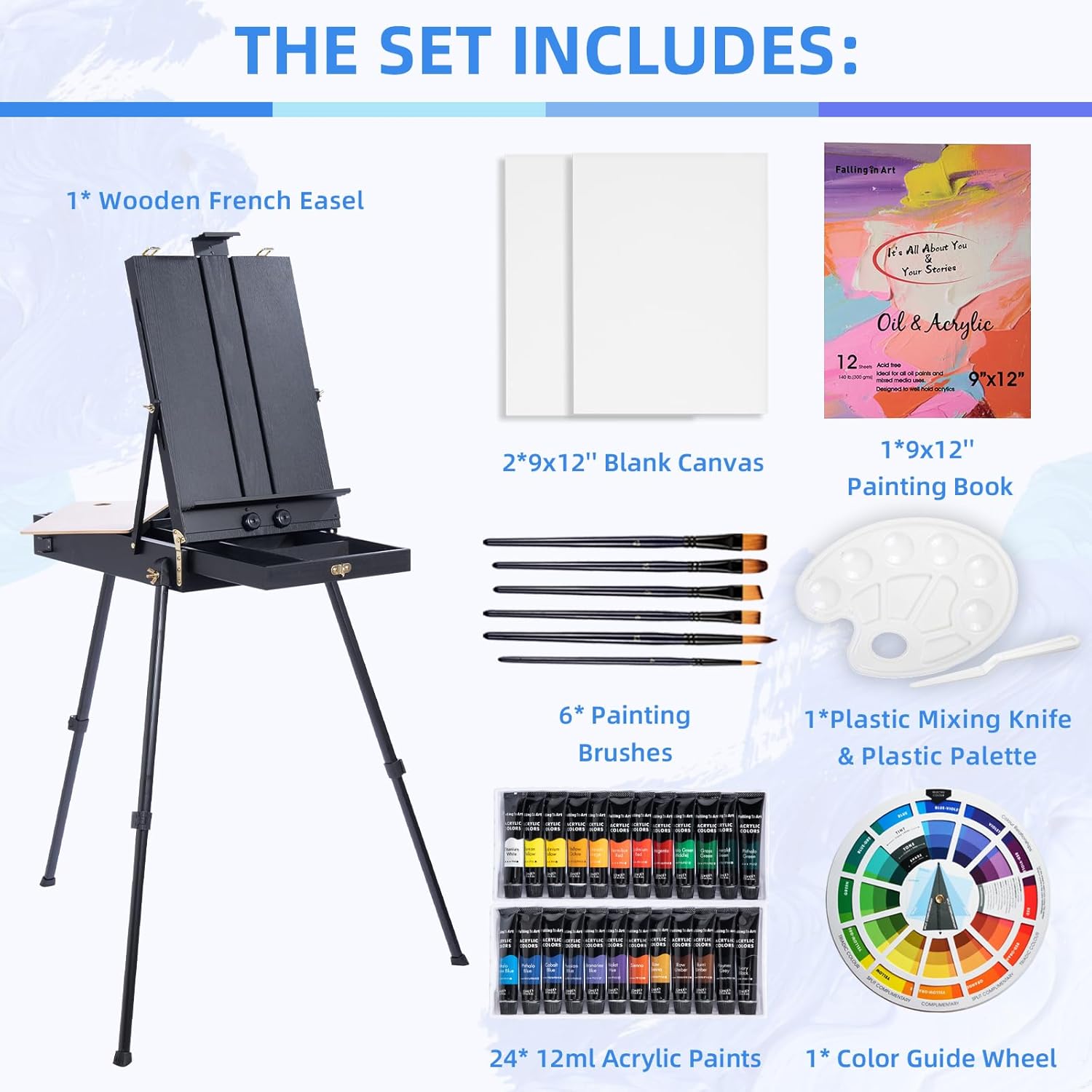 Falling in Art Artist Painting Set with French Easel, 37Pcs Professional Easel Kit with Canvas, Paintbrush, Paints Suitable for Adults, Artists and Beginners, Black