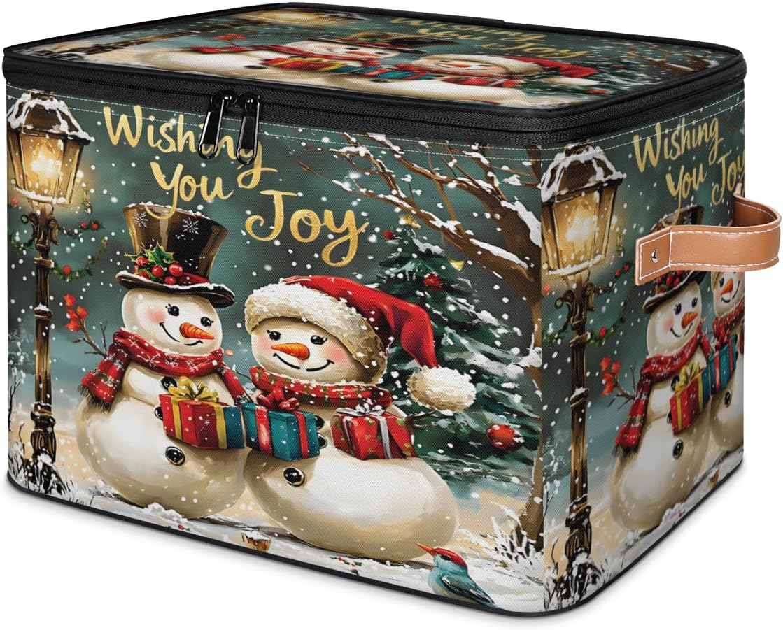 Storage Bin Set of 2 Winter Snowmen Storage Basket with Zipper Lid & Handle Foldable Closet Shelf 2 Pack Cloth Organizer Basket Cube Bins for Bedroom, Nursery