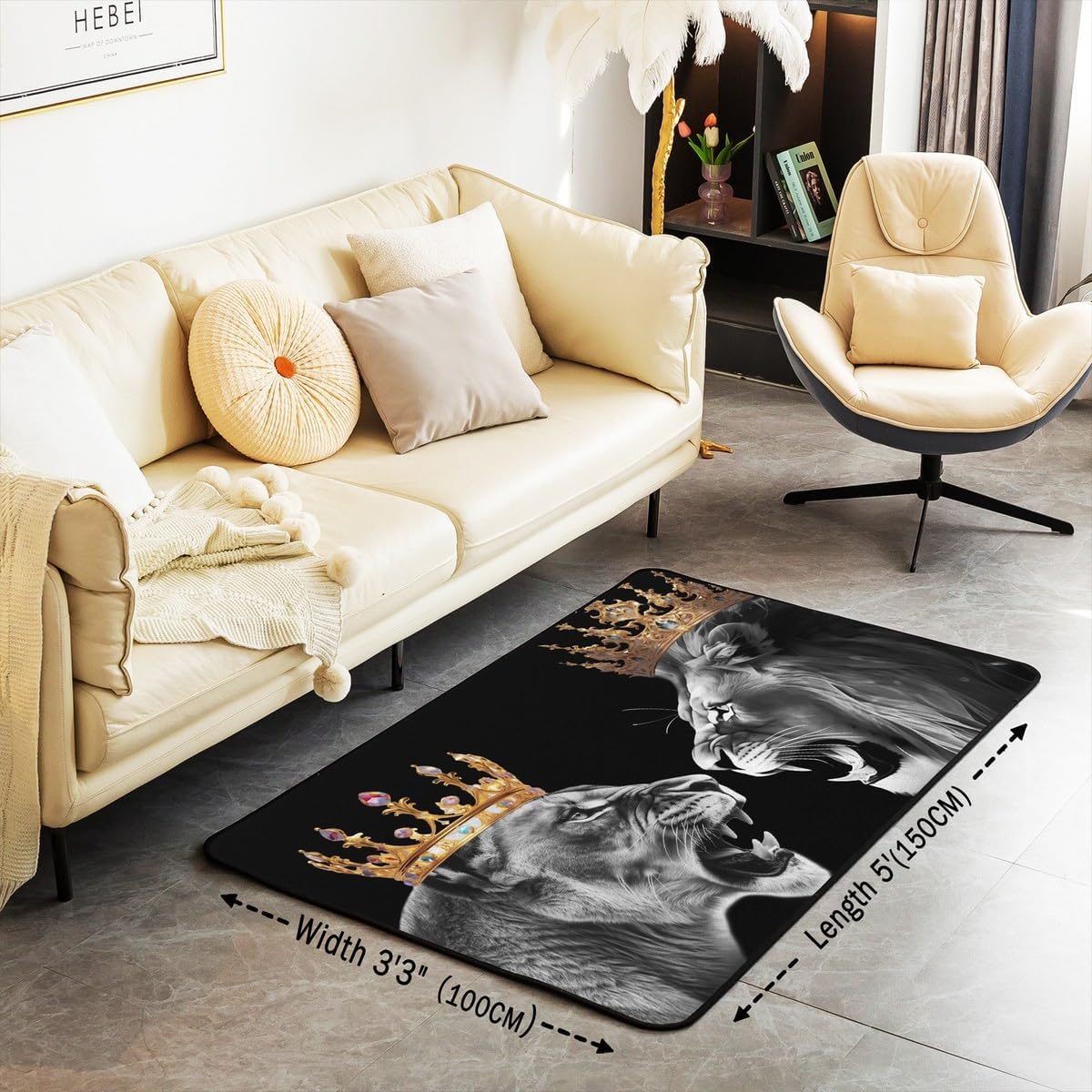 Erosebridal Wild Lion Couple Carpet Crown Lion King and Queen Area Rug 3D Grey Lion Indoor Floor Mat African Tropical Animal Decorative Rug for Kids Boys for Bedroom Living Room 3x5