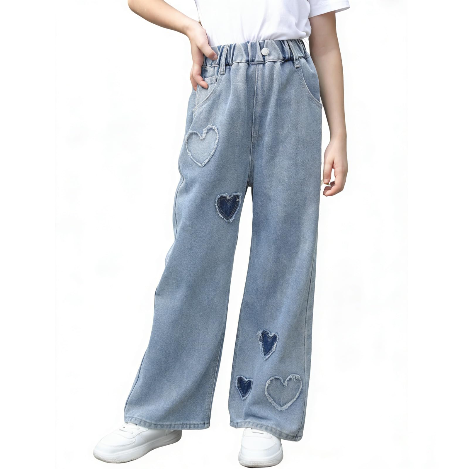 SANGTREE Girls Wide Leg Jeans Elastic Waist Denim Pants Baggy Jeans for Girls, 6-14 Years