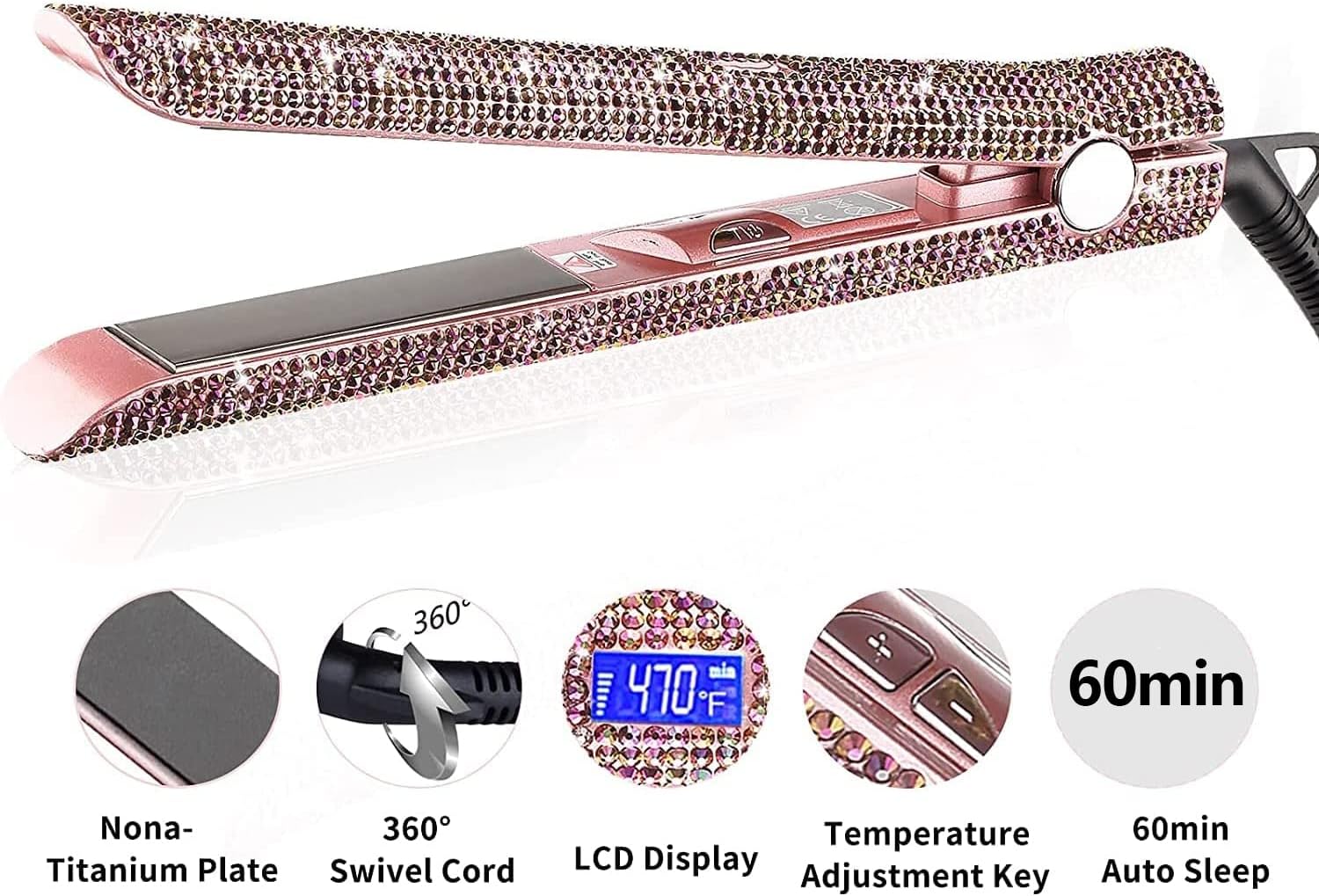 Hair Straightener Titanium Flat Iron with Gorgeous Rhinestone Bling Crystal Diamond, 2 in 1 Hair Straightener and Curler, 60 Min Auto Shut Off, LCD Temp Display, Range from 120°F to 470°F(Rose Pink)