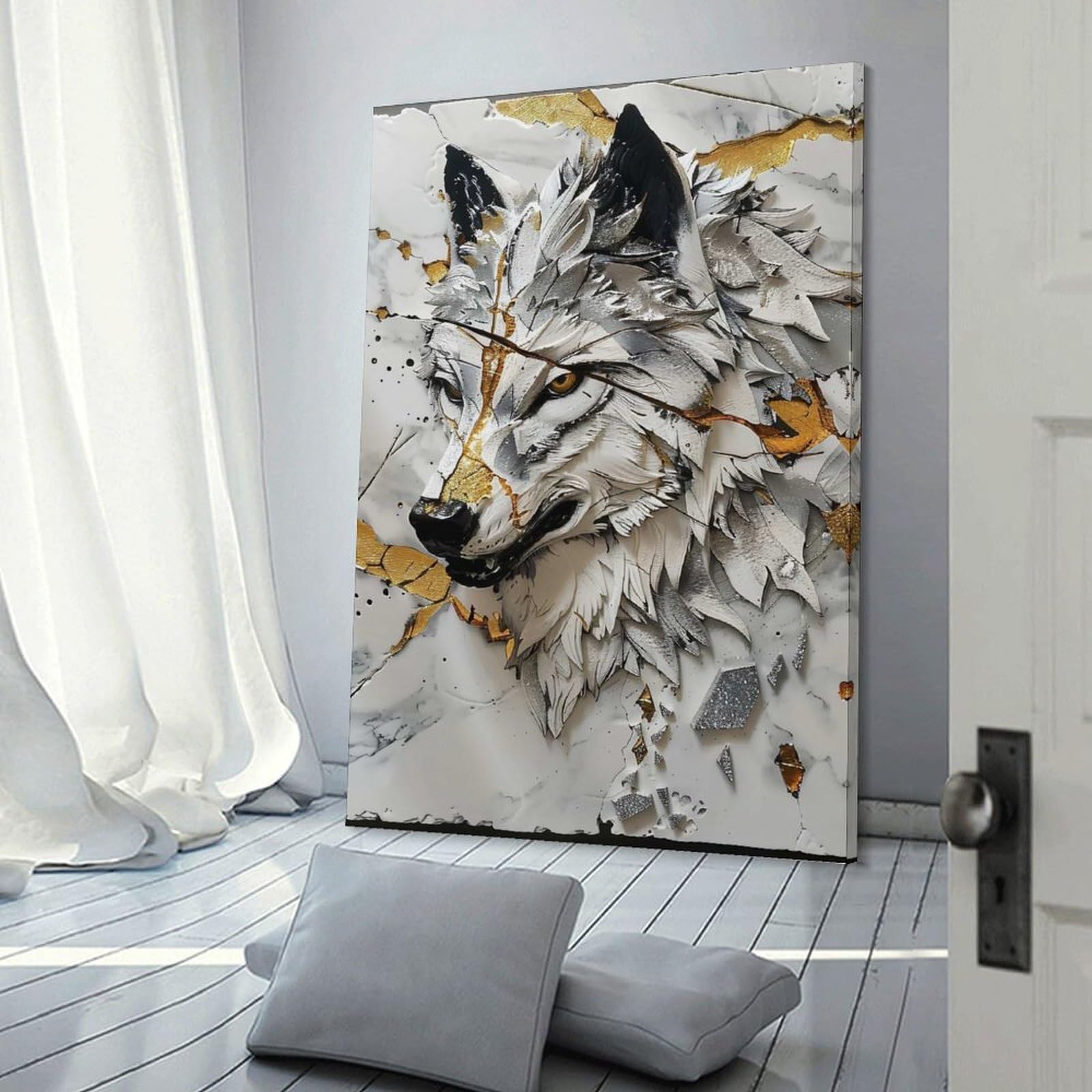 Junmoney Wall Picture Print Sculptural Wolf with Marble And Gold Accents, 20x30inch(50x75cm), for Wall Displays, Bedrooms Or Room Updates, Wall Decor Suited to Curated Displays