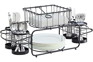 Farm Buffet Caddy Tabletop Organizer, Flatware Napkin and Plate Picnic Caddy Stackable...