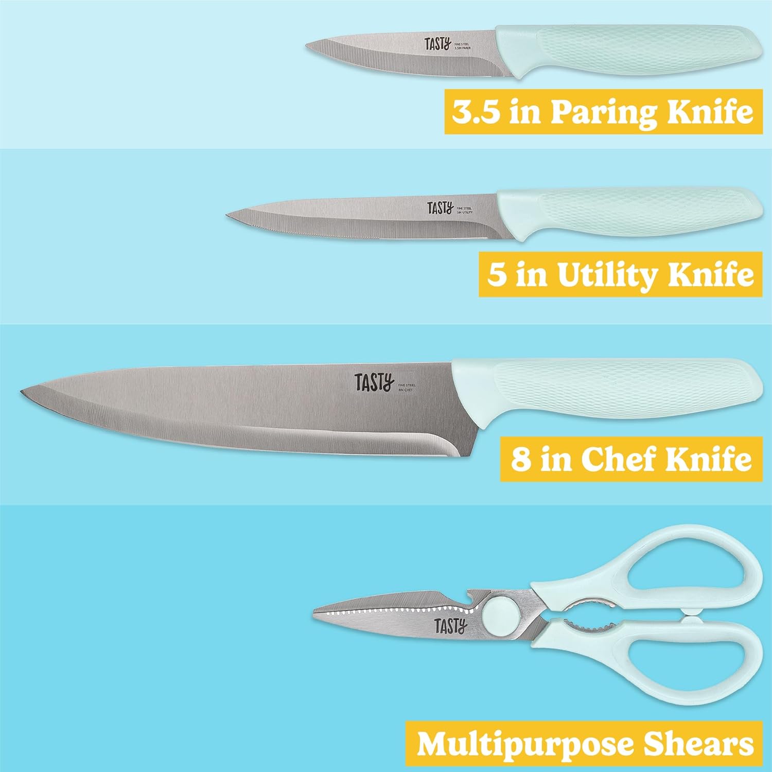 Tasty 5-Piece Cutlery & Cutting Board Set, High-Carbon Stainless Steel Knives with Soft Grip Handles, Reversible Cutting Board for Chopping & Serving, Aqua - Image 2