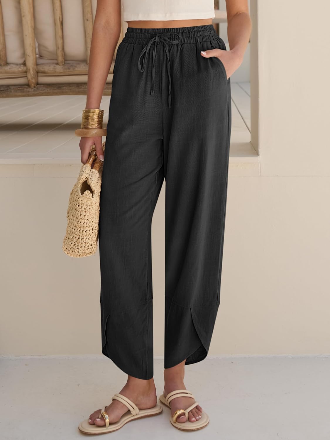 Caracilia Womens Wide Leg Capri Palazzo Pants Drawstring Casual Lounge Flowy Summer Beach Vacation Crop Trousers with Pockets - Image 2