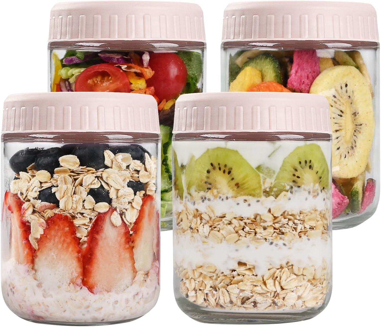 Overnight Oats Containers with Lids, 16oz Glass Jars with Lids 4 pcs, Pink, Wide Mouth Mason jars for Salad, Yogurt, Snacks, Meal Prep