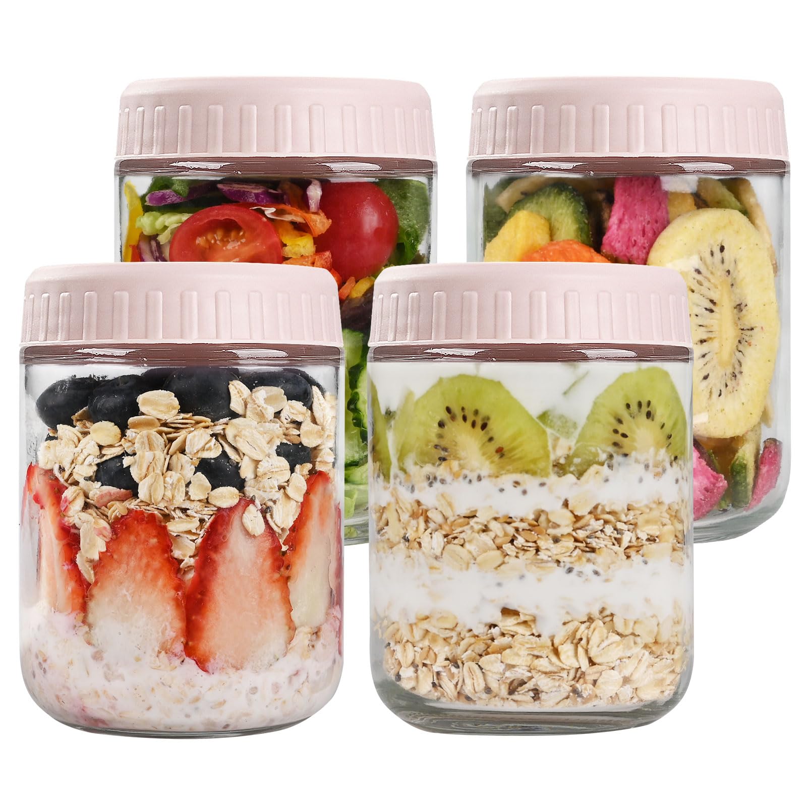 Overnight Oats Containers with Lids, 16oz Glass Jars with Lids 4 pcs, Pink, Wide Mouth Mason jars for Salad, Yogurt, Snacks, Meal Prep