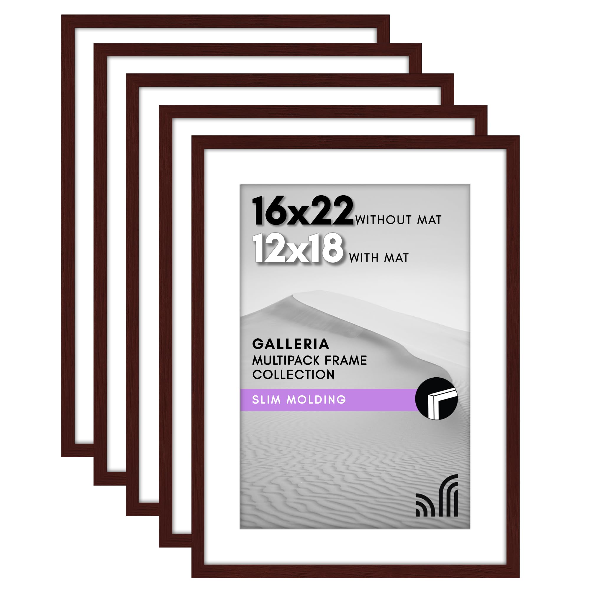 Americanflat 16x22 Picture Frame with Polished Plexiglass - Set of 5 - Use as 12x18 Frame with Mat or 16x22 Frame Without Mat - Galleria Collection - Gallery Wall Frame Set for Wall Display - Mahogany