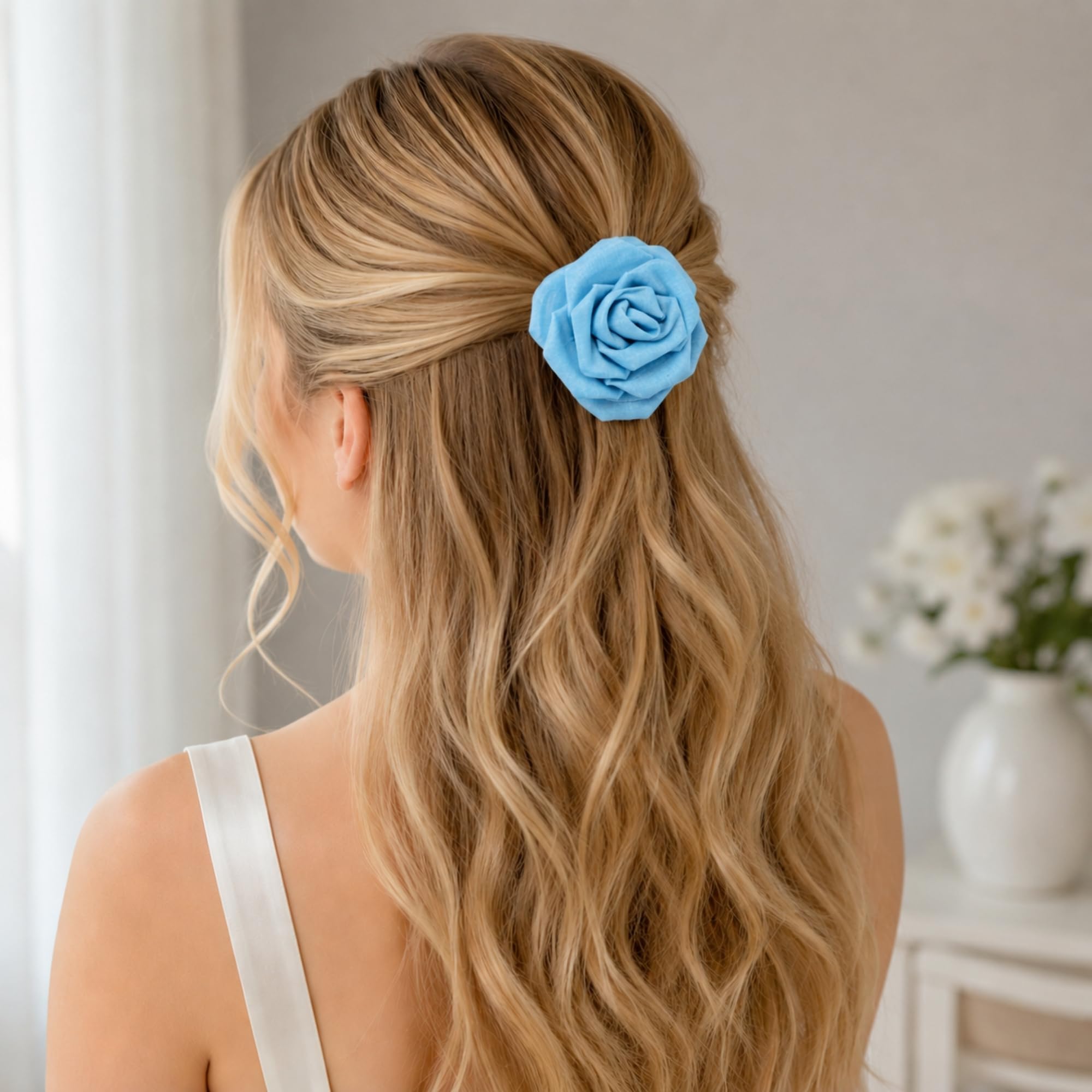 ORIENTAè Set Accessori Capelli Donna, Rosa e Fiocco con Fermaglio | Seta Thailandese, Mollette Eleganti Azzurro e Turchese, Accessori Capelli Cerimonia, Regalo Donna