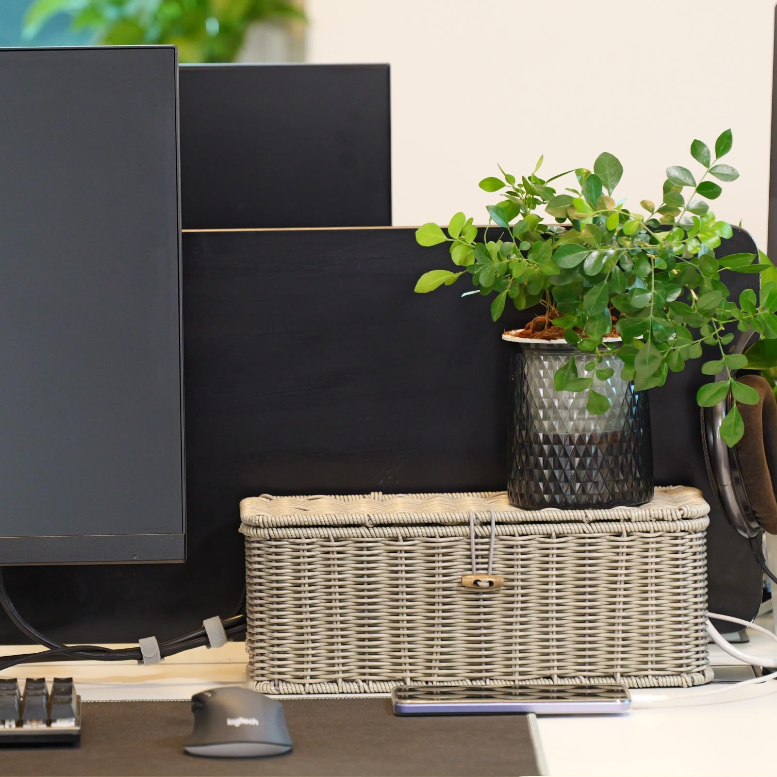 Kabelmanagementbox, Kabel-Organizer mit Deckel und Kabelbindern, graues Set