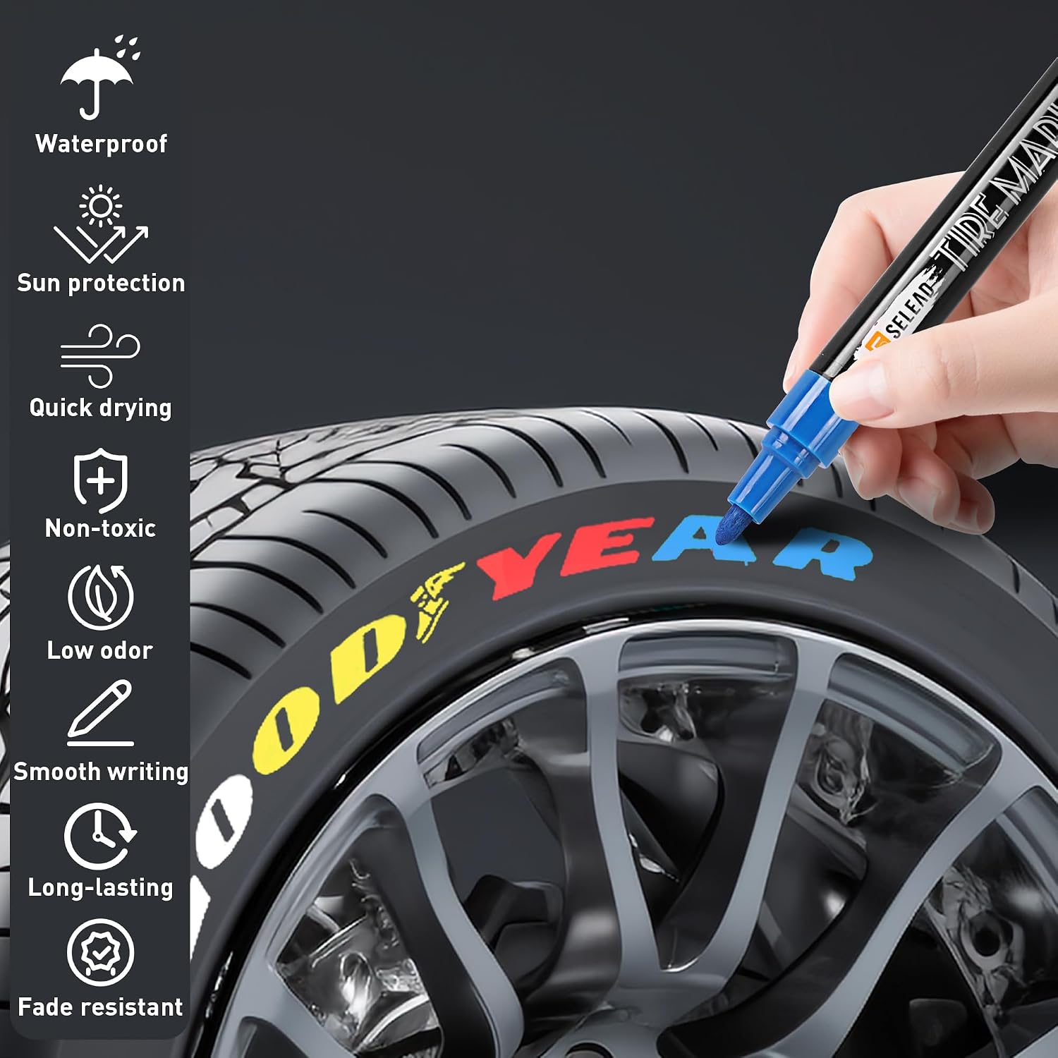 SELEAD Tire Marker White Red Yellow Blue - 8 Pack Paint Pens for Car Tires Lettering, Premium Professional Oil Based Waterproof Colored Permanent Markers