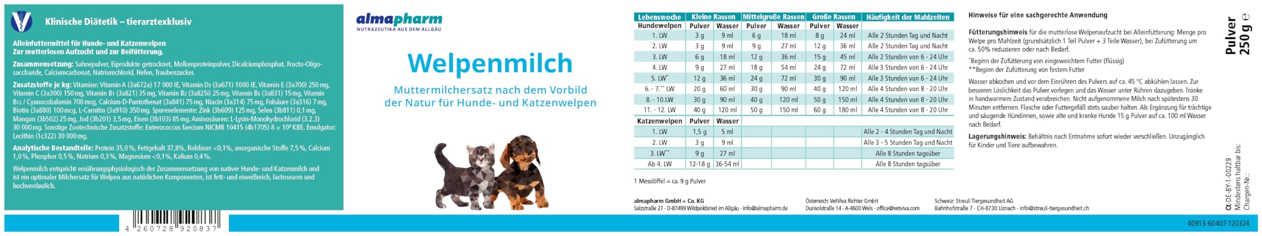 almapharm Welpenmilch | 250 g | Muttermilchersatz für Hunde- und Katzenwelpen | Nach dem Vorbild der Natur | Zur mutterlosen Aufzucht und zur Beifütterung | Ausgewählte Zutaten