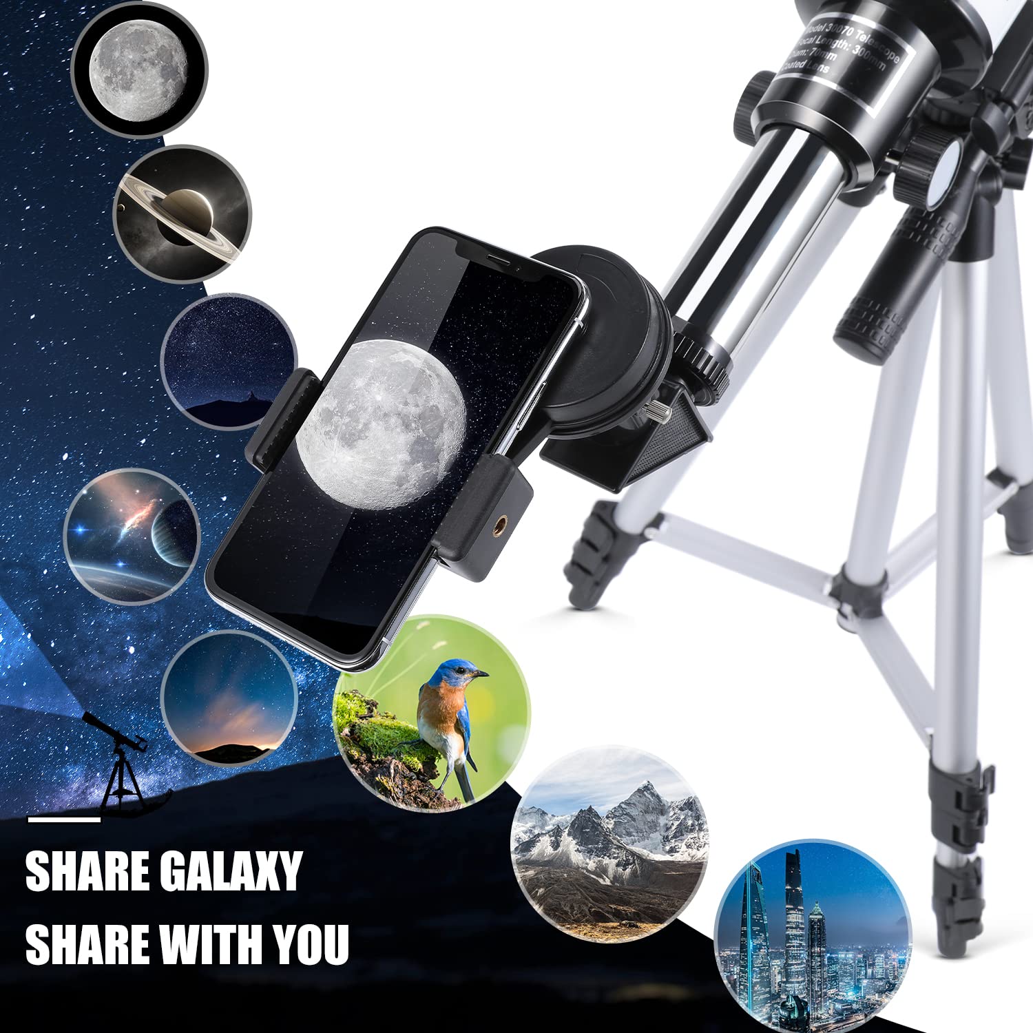 Telescopio Astronómico para Niños y Adultos, Apertura de 70mm, Distancia Focal de 300mm, Zoom 15X-150X, Incluye Trípode, Adaptador para Teléfono Móvil y Bolso de Transporte
