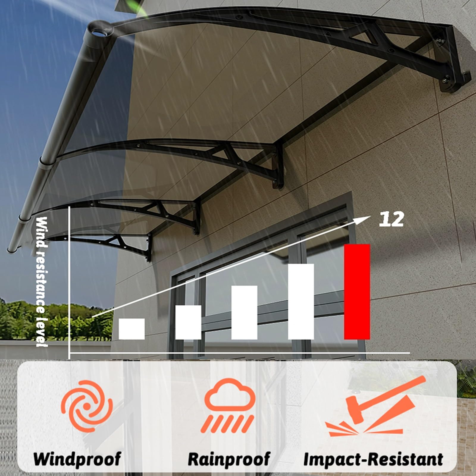 DIY Zewnętrzny baldachim na drzwi patio, wodoodporny pokrowiec przeciwdeszczowy z drenażem, drzwi wejściowe, daszek, schronienie, plastikowy stalowy wspornik (80 x 200 cm)